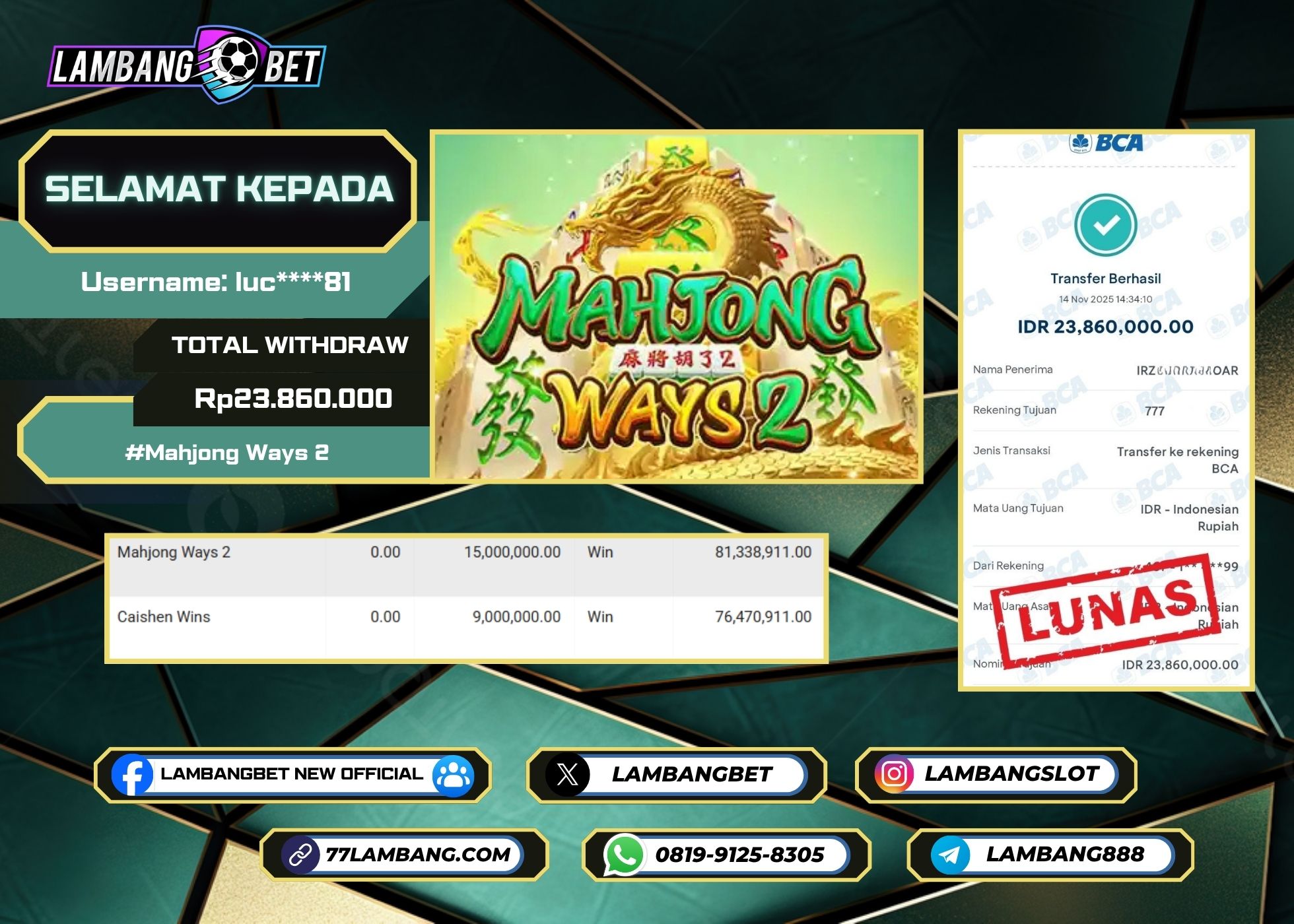 LAMBANGBET [14 NOVEMBER 2025] JACKPOT SLOT Mahjong Ways 2 "Rp23.860.000" LUNAS